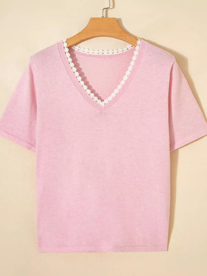 Pink knit v-neck top with delicate white lace trim