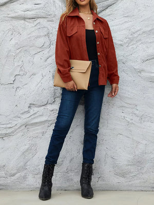 Corduroy Button-down Shirt With Chest Pockets in Rust