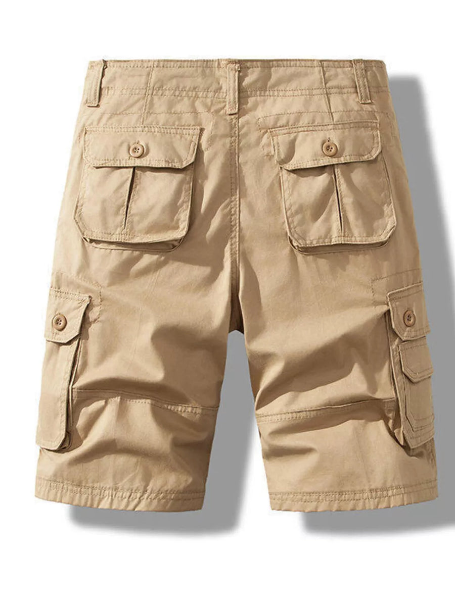 Khaki cargo shorts for men with multiple buttoned pockets and a button fly.