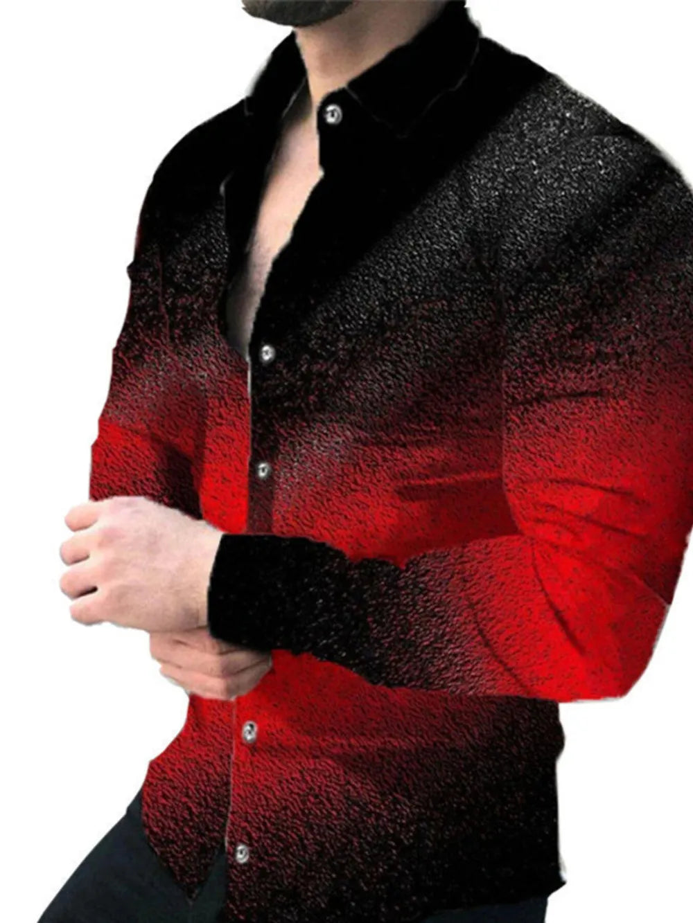 Cosmic print button-down shirt with ombre red and black gradient, cotton blend, long sleeves.