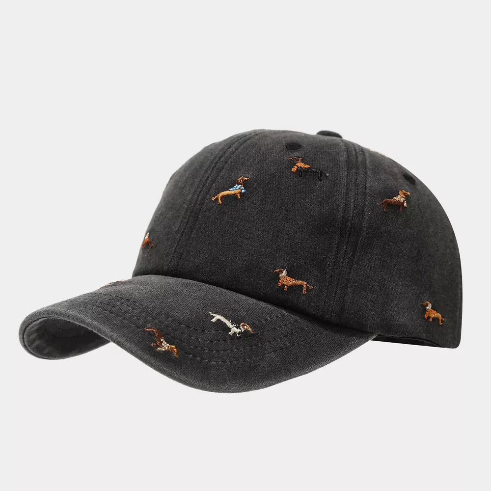 Dog Embroidered Washed Cotton Baseball Cap in Wine Red with embroidered