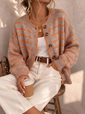 Beige striped cardigan with orange stripes and button closure