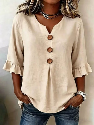 Burgundy Casual Ruffle-sleeve Decor-button Top Plus Size