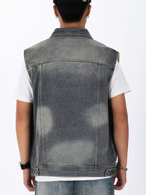 Men's gray washed denim vest, sleeveless, collared, basic style