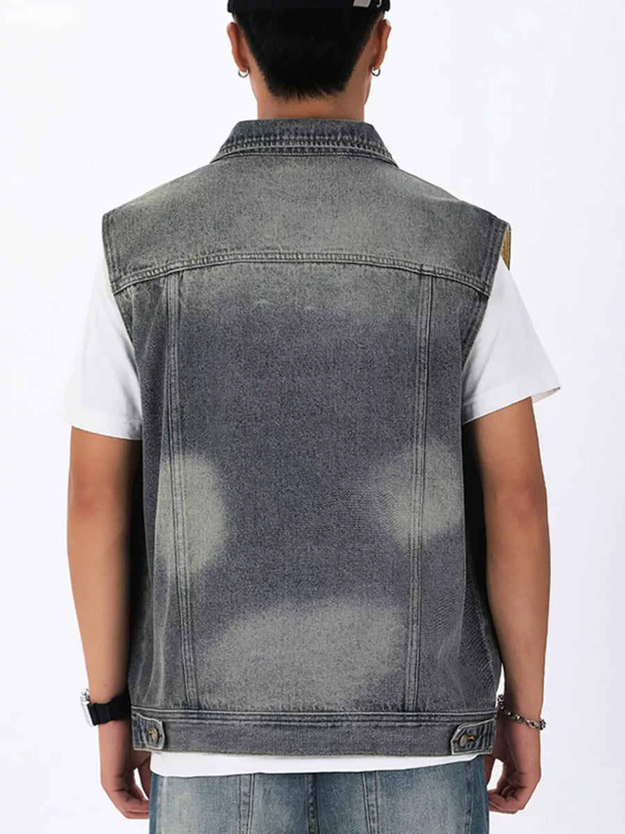 Men's gray washed denim vest, sleeveless, collared, basic style