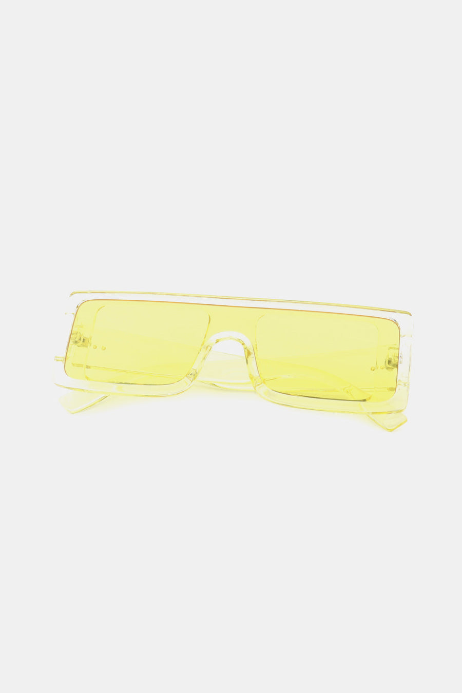Neon yellow rectangular sunglasses with clear frames and gradient lenses.