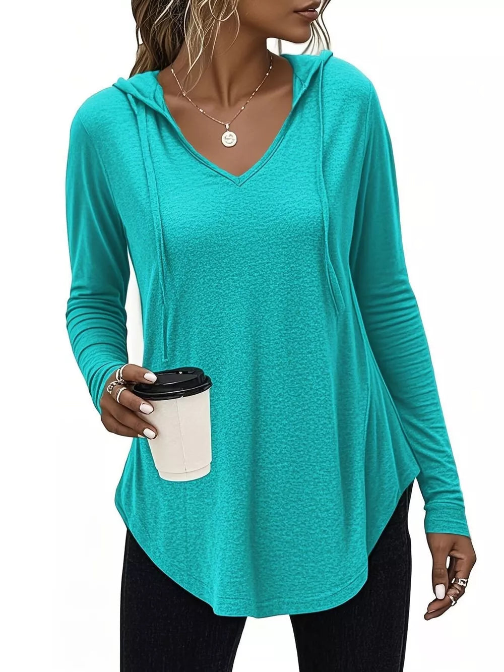 Blue pullover hoodie with tunic-length and pullover