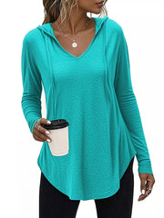 Blue pullover hoodie with tunic-length and pullover