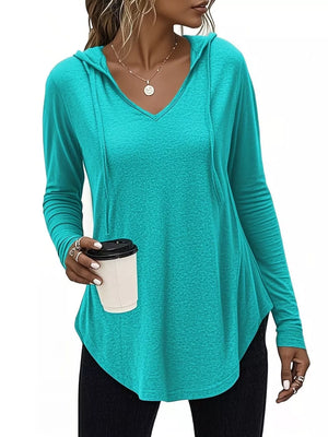 Blue pullover hoodie with tunic-length and pullover