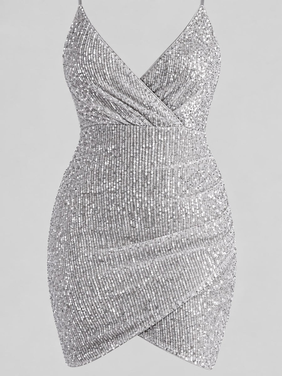 Silver mini dress with glitter and spaghetti strap