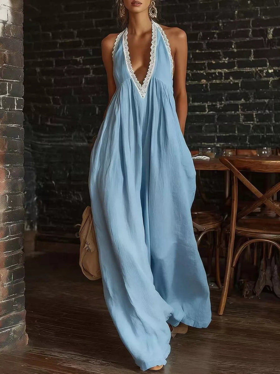 jumpsuit in Black with lace trim and full-length