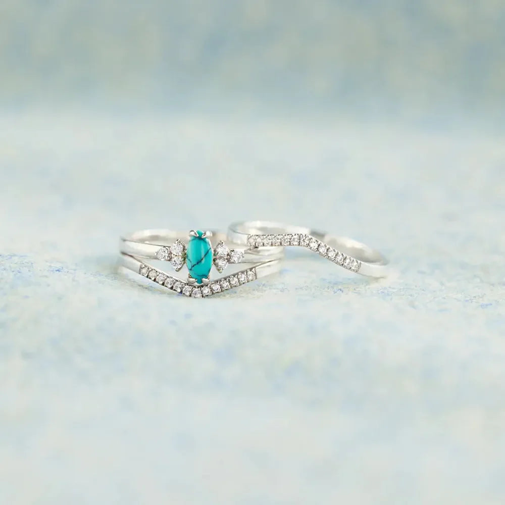 Sterling silver stacked ring set with turquoise chevron and diamond accents