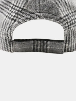 Gray plaid baseball cap with adjustable strap detail