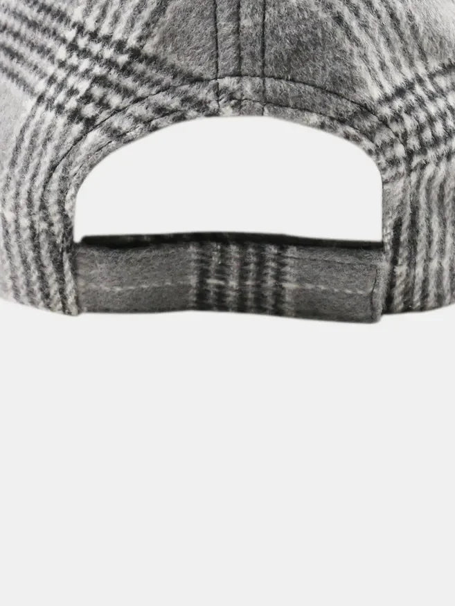 Gray plaid baseball cap with adjustable strap detail