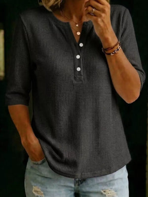 Black Full Size Waffle Knit Henley T-shirt Plus Size
