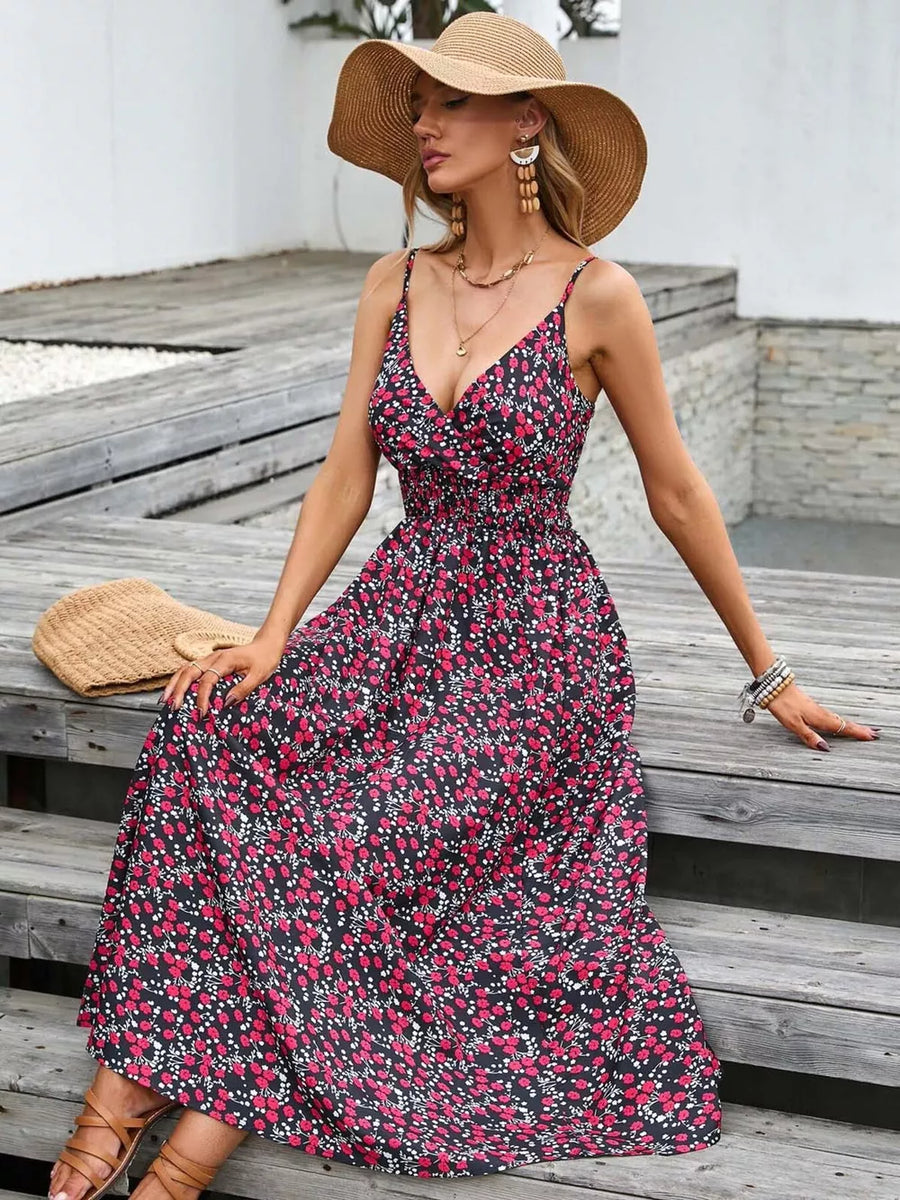 Maxi dress with floral print, smocked waist, and spaghetti straps.