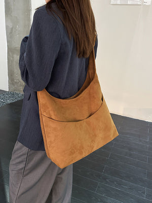 Solid Color Shoulder Bag in Coffee Brown with exterior slip pocket