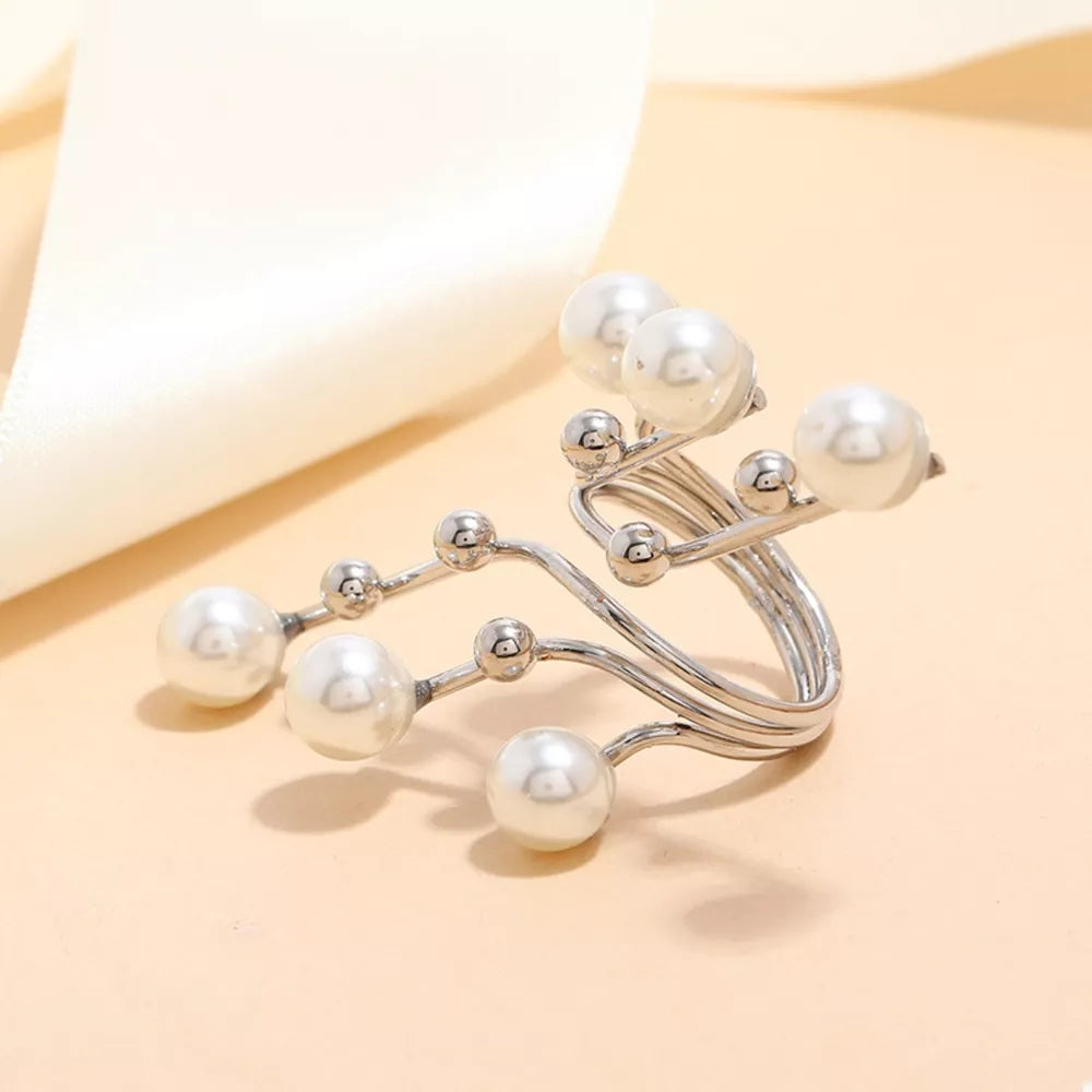 Silver bypass ring with pearls and metallic beads, alloy, casual women's jewelry.