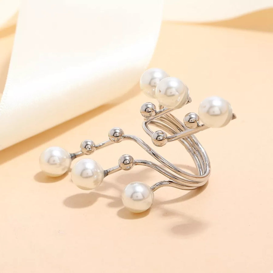 Silver bypass ring with pearls and metallic beads, alloy, casual women's jewelry.