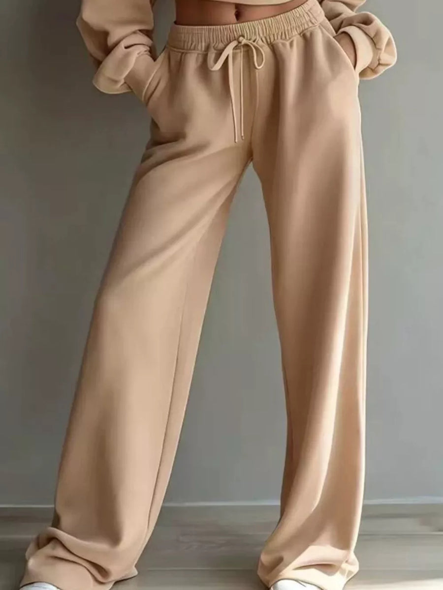 Round Neck Cropped Sweatshirt And Wide-leg Pants in Light Gray