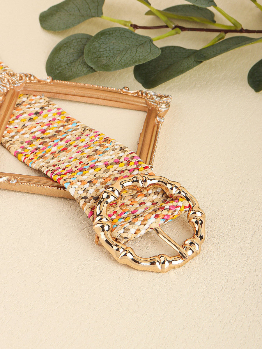 Woven raffia belt with multicolor threads and a sculpted gold buckle.