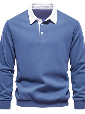 Dusty Blue long sleeve rugby sweatshirt with white collar and button placket.