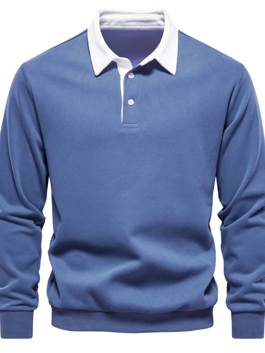 Dusty Blue long sleeve rugby sweatshirt with white collar and button placket.