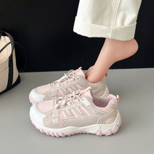Chunky-Sole Round Toe Lace Up Sneakers in Gray with round toe