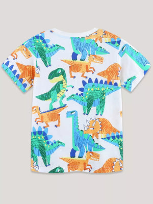 Children's cotton crew neck t-shirt with all-over dinosaur print in green, blue, and orange.