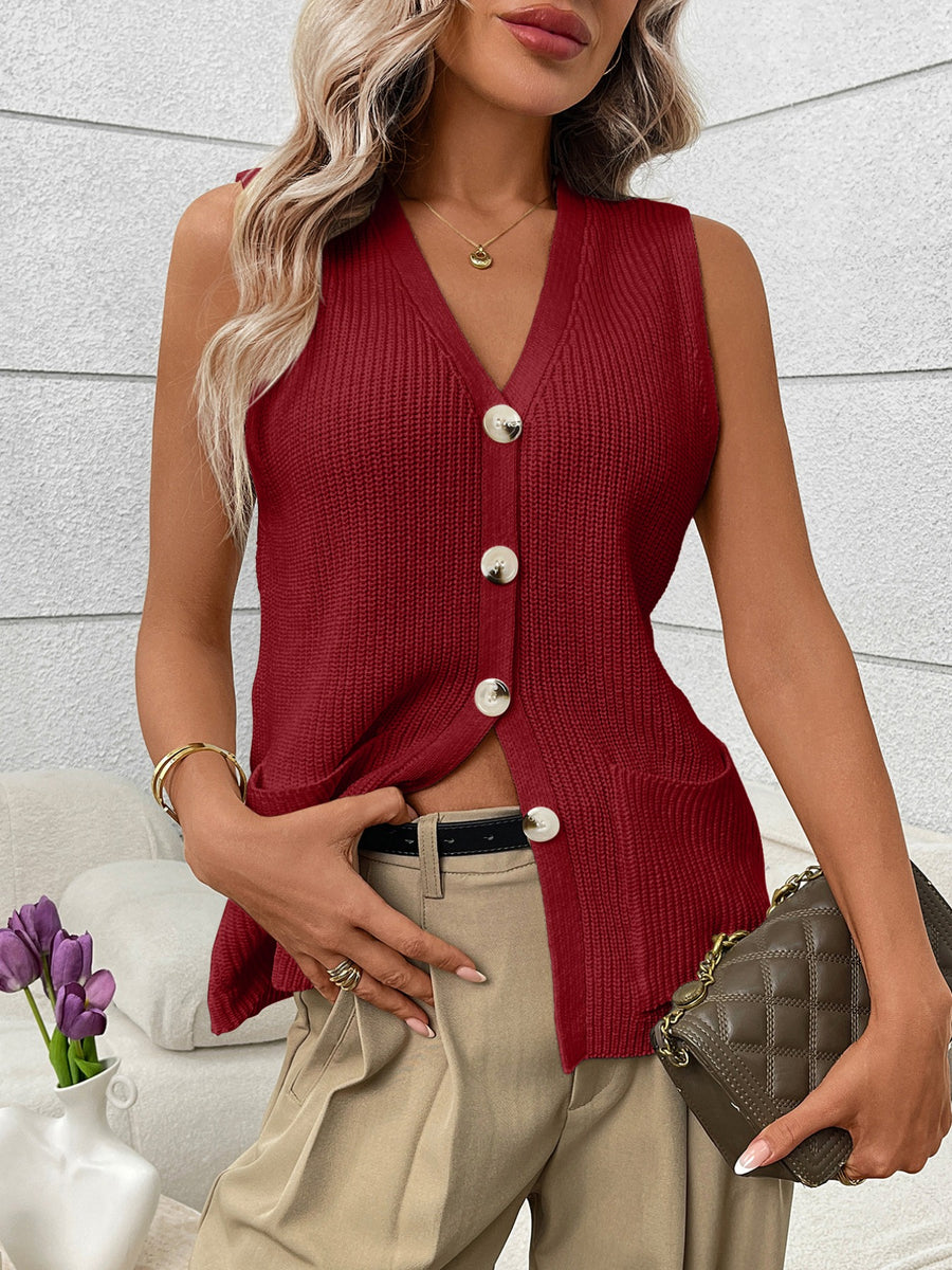 Button-down knit sweater vest in burgundy with V-neck and pockets.