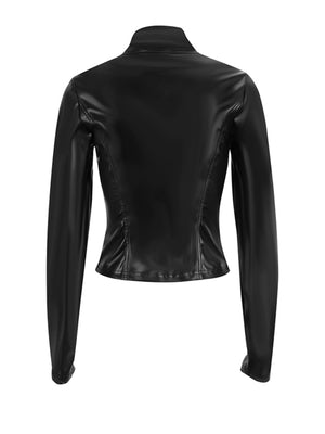 Black faux leather zip-up jacket with a form-fitting cut and high neckline.