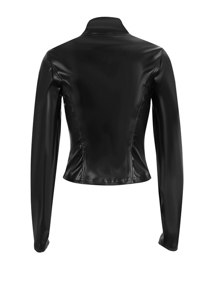 Black faux leather zip-up jacket with a form-fitting cut and high neckline.