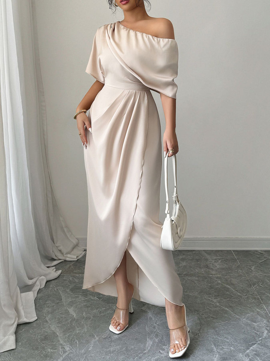 100% polyester Care instructions: Machine wash cold maxi dress in champagne with A-line silhouette