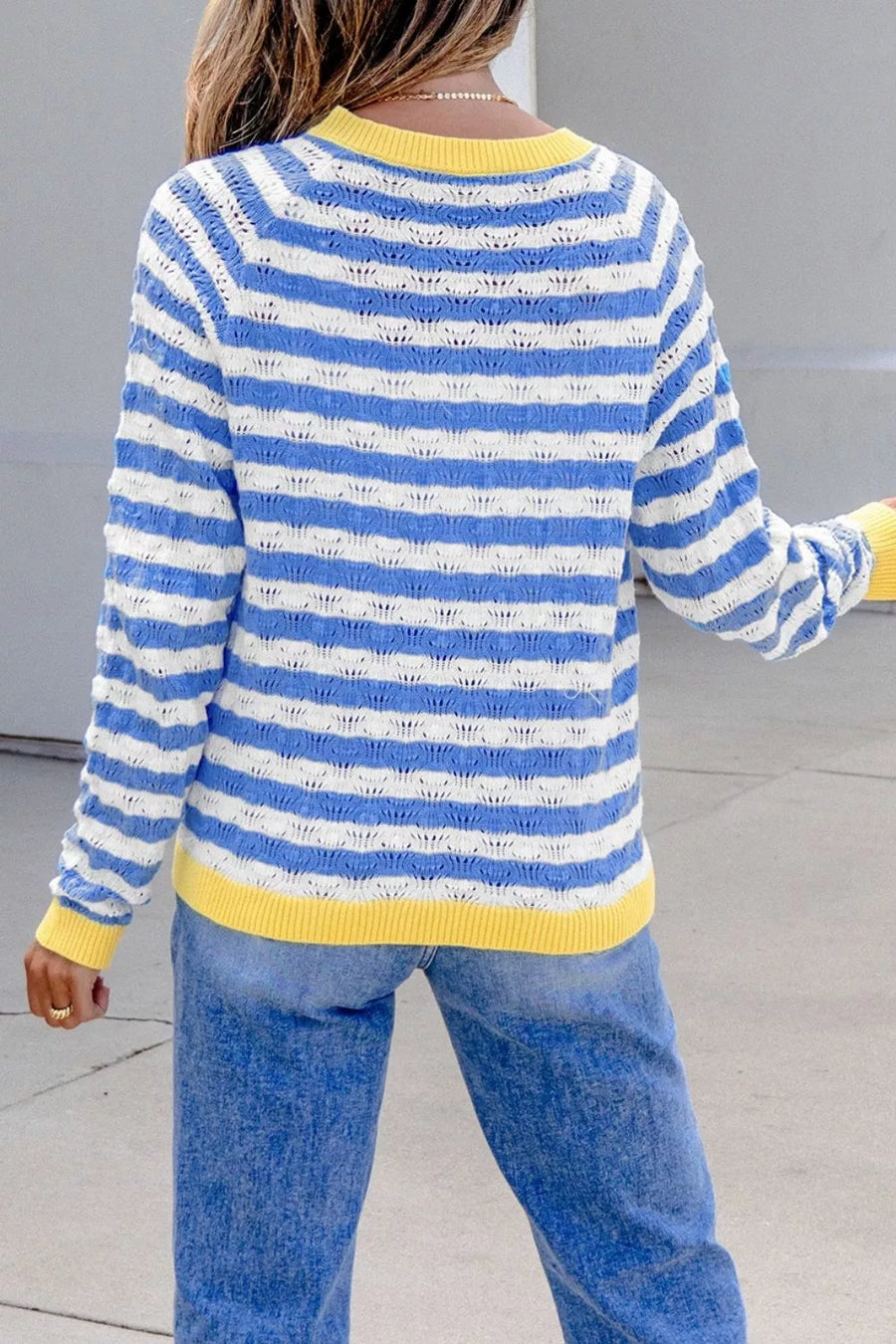 Light Blue Button-down V-neck Knit Long-sleeve Top