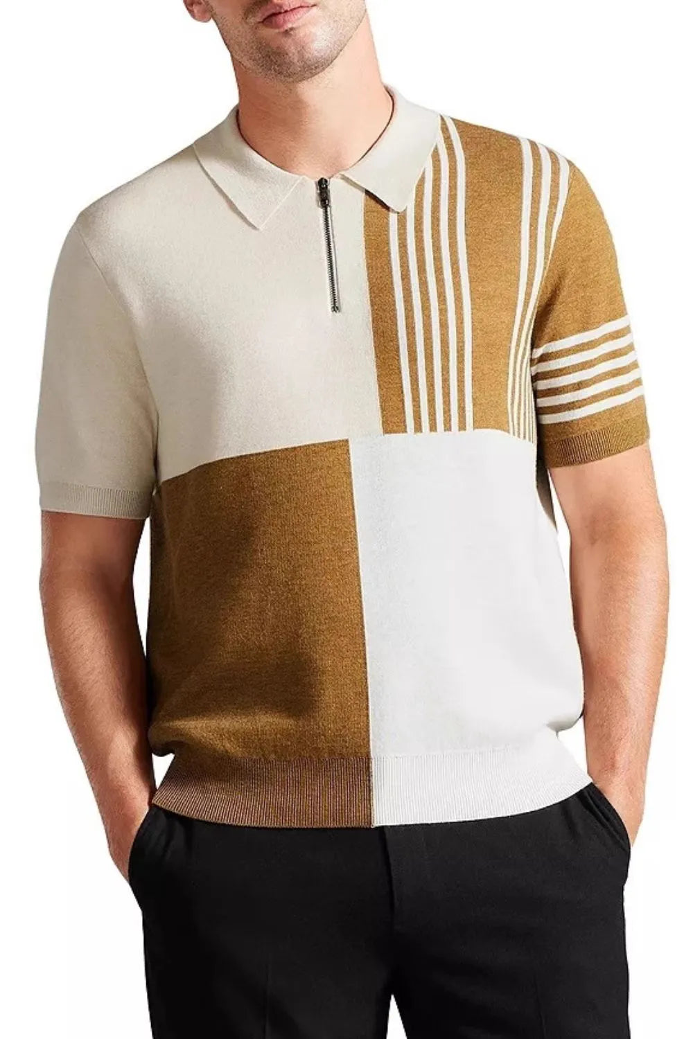 Geometric knit polo with zip neck in taupe and white acrylic, featuring colorblock and stripe patterns.