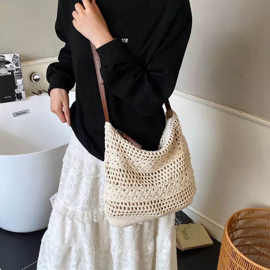 Crochet Knit Shoulder Bag in Tan