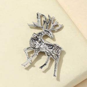 Silver geometric stag brooch lapel pin with detailed antlers and body.