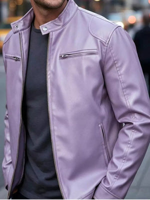 Light Gray Men's Full Size Faux Leather Bomber Jacket