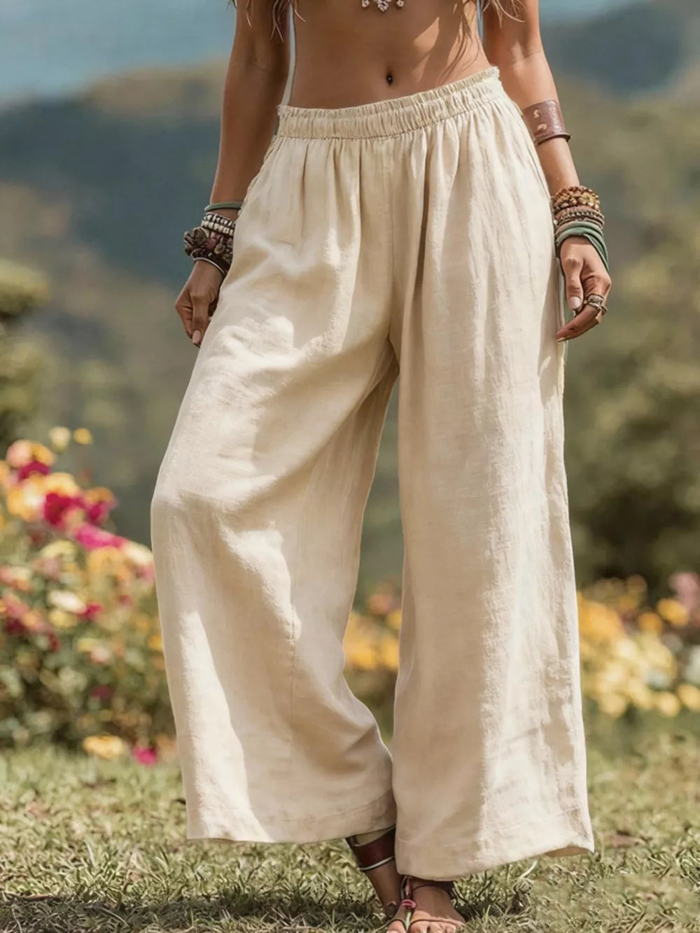 Light Brown Full Size Bohemian Wide-leg Pants Plus Size