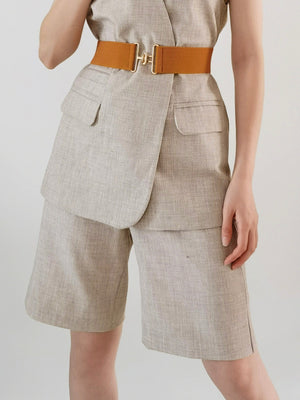 Caramel elastic waist belt with gold sculpted buckle detail