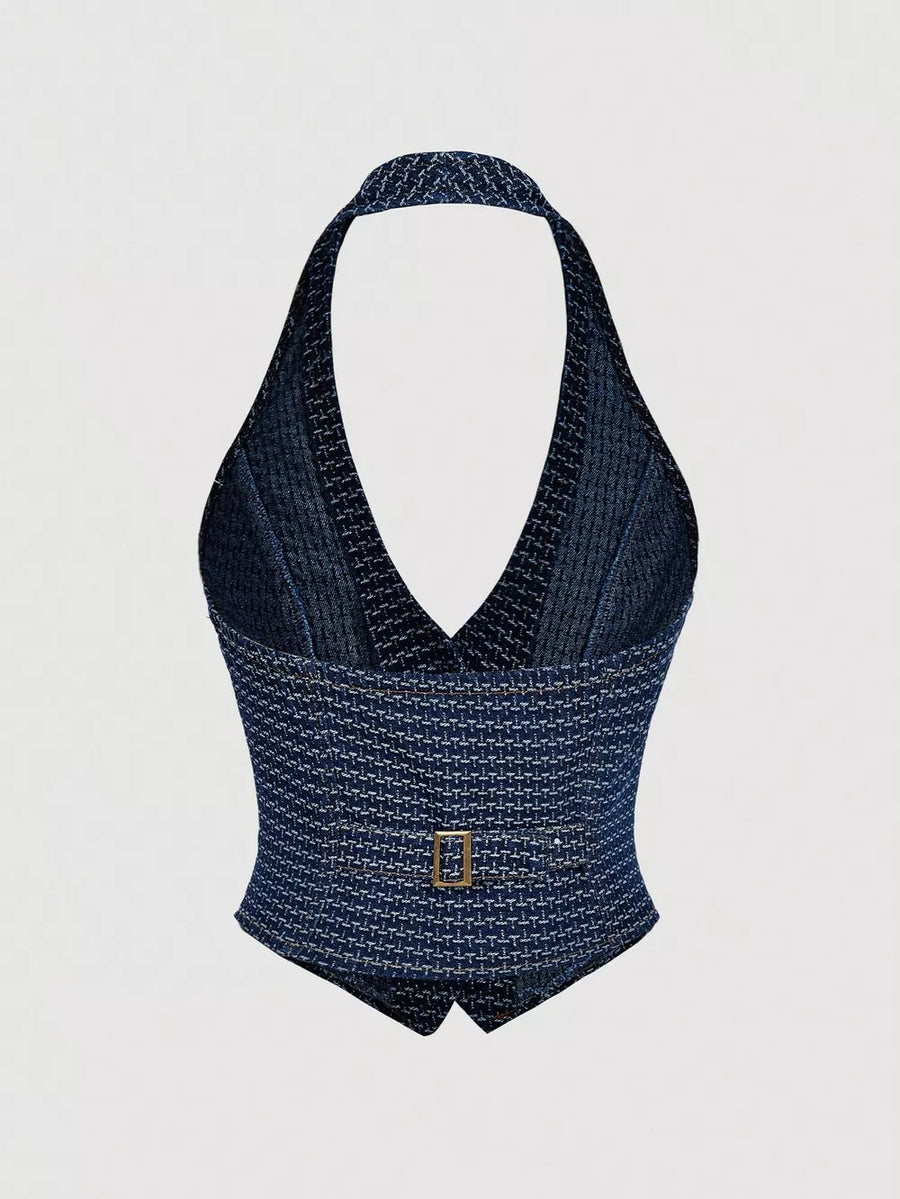 Halter Neck Denim Vest And Wide-leg Jeans Set option 18