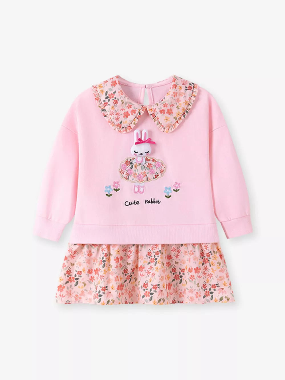 Blush Pink sweatshirt dress featuring embroidered and ditsy floral