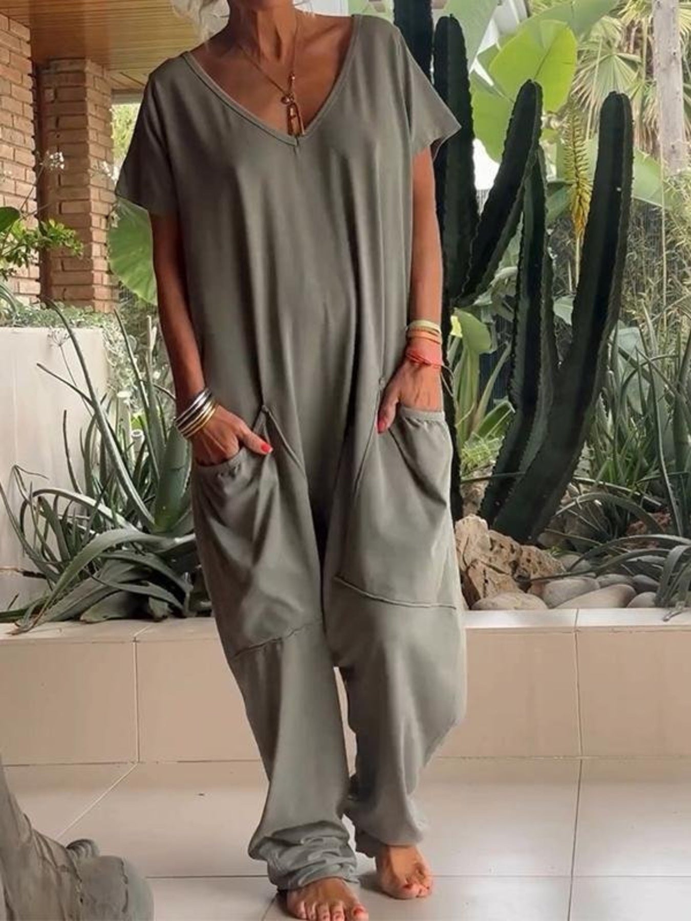Black Gray Loose Fit V-neck Short Sleeve Wide Leg Jumpsuit