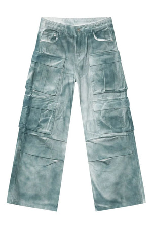 Bleached denim utility trousers in medium with multiple cargo pockets and a relaxed fit.