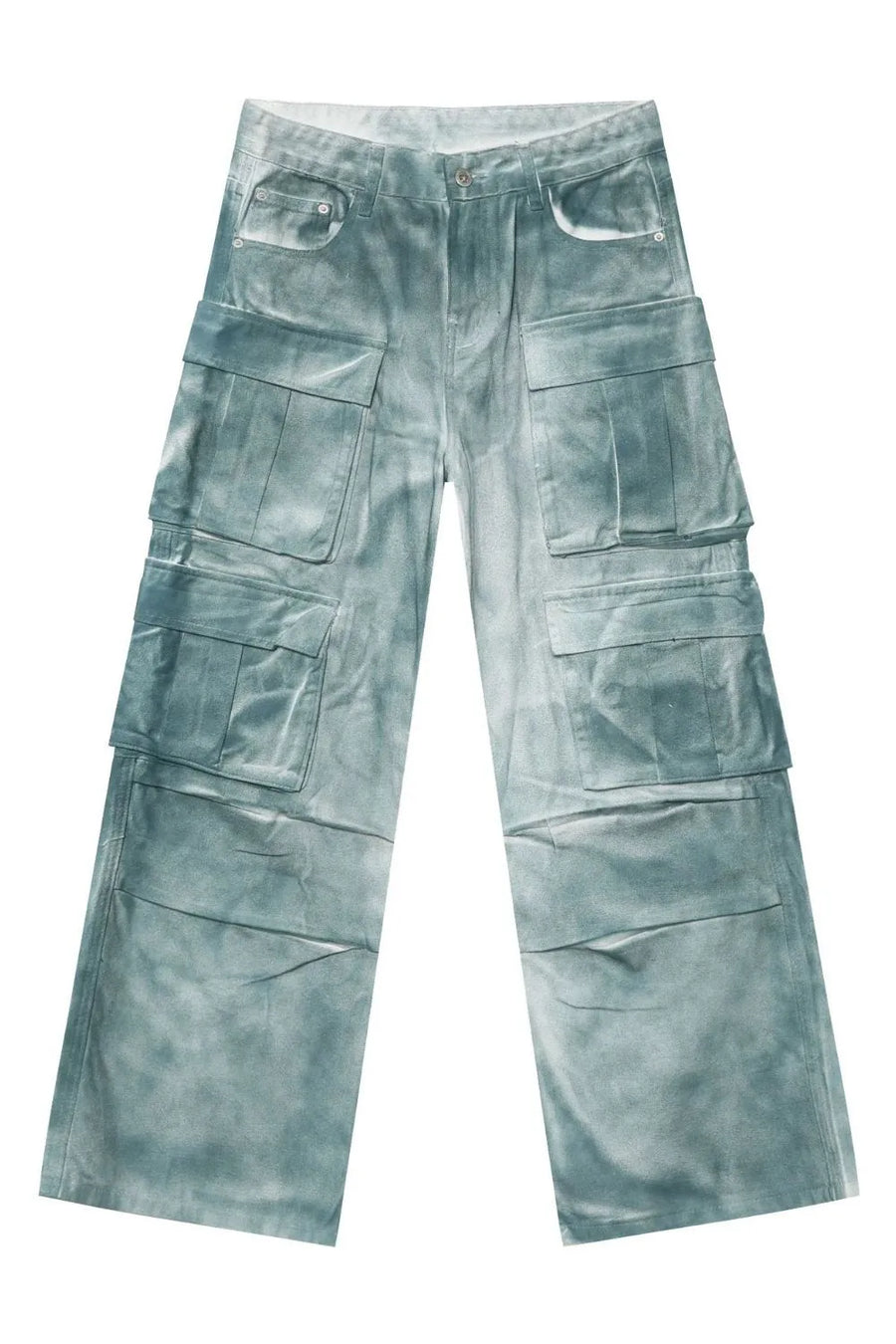 Bleached denim utility trousers in medium with multiple cargo pockets and a relaxed fit.