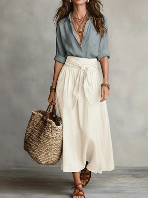 White shirt and skirt set with chest pocket and long sleeve