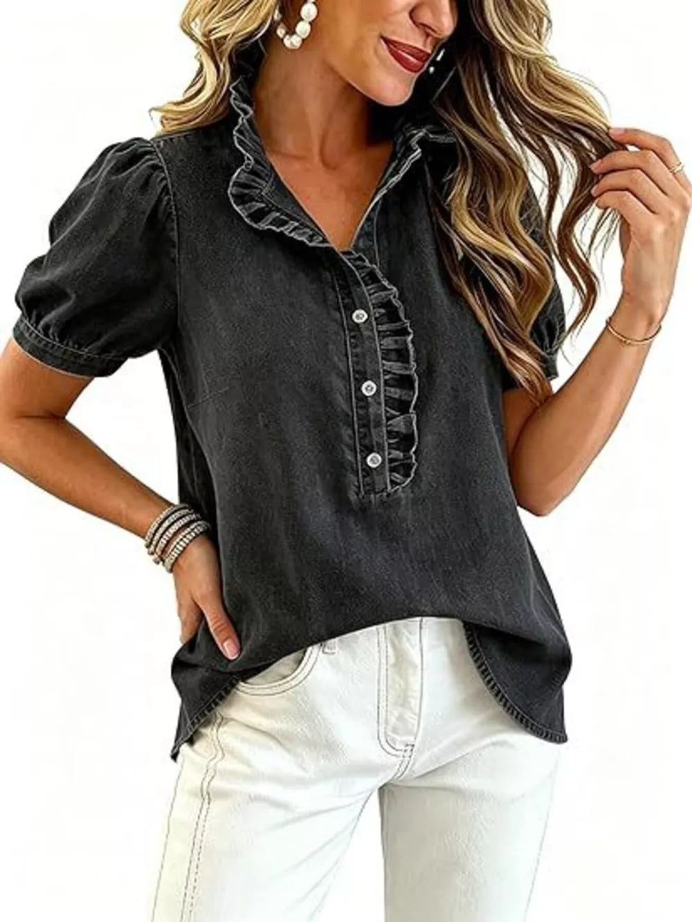 Gray blouse with hip-length and half-button