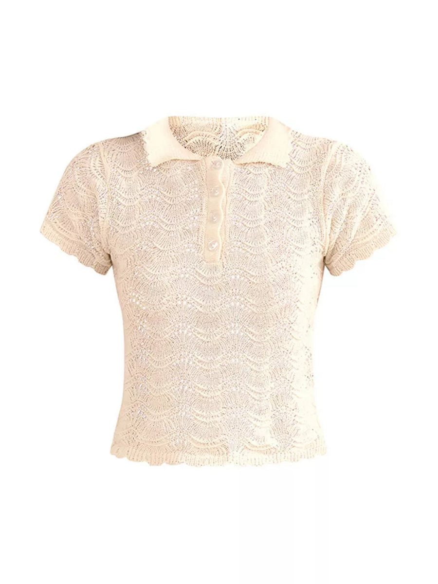 White with Openwork Crochet Knit Polo Top And Shorts Set in White