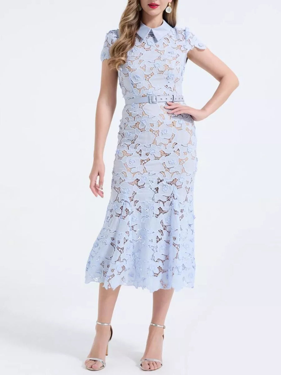 Sky blue floral lace midi dress with collar, short sleeves, and matching belt.