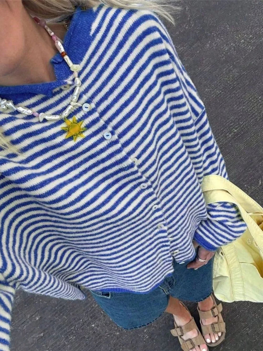 Striped Knit Button Up Cardigan in Blue